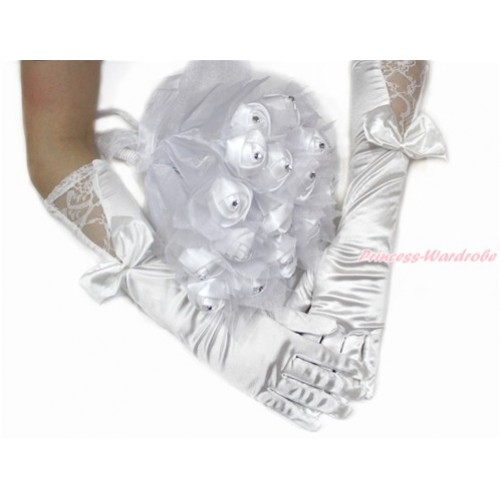 White Wedding Elbow Length Princess Costume Long Lace Satin Gloves with Bow & Sparkle Crystal Bling Rhinestone Satin Bridal Bouquet PG010C228 